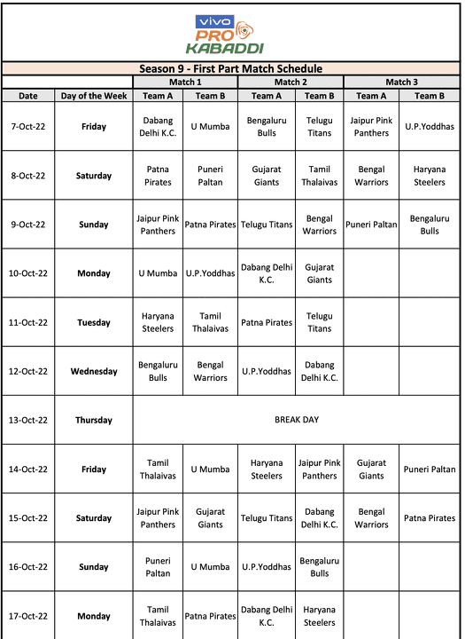 PKL season 9 schedule